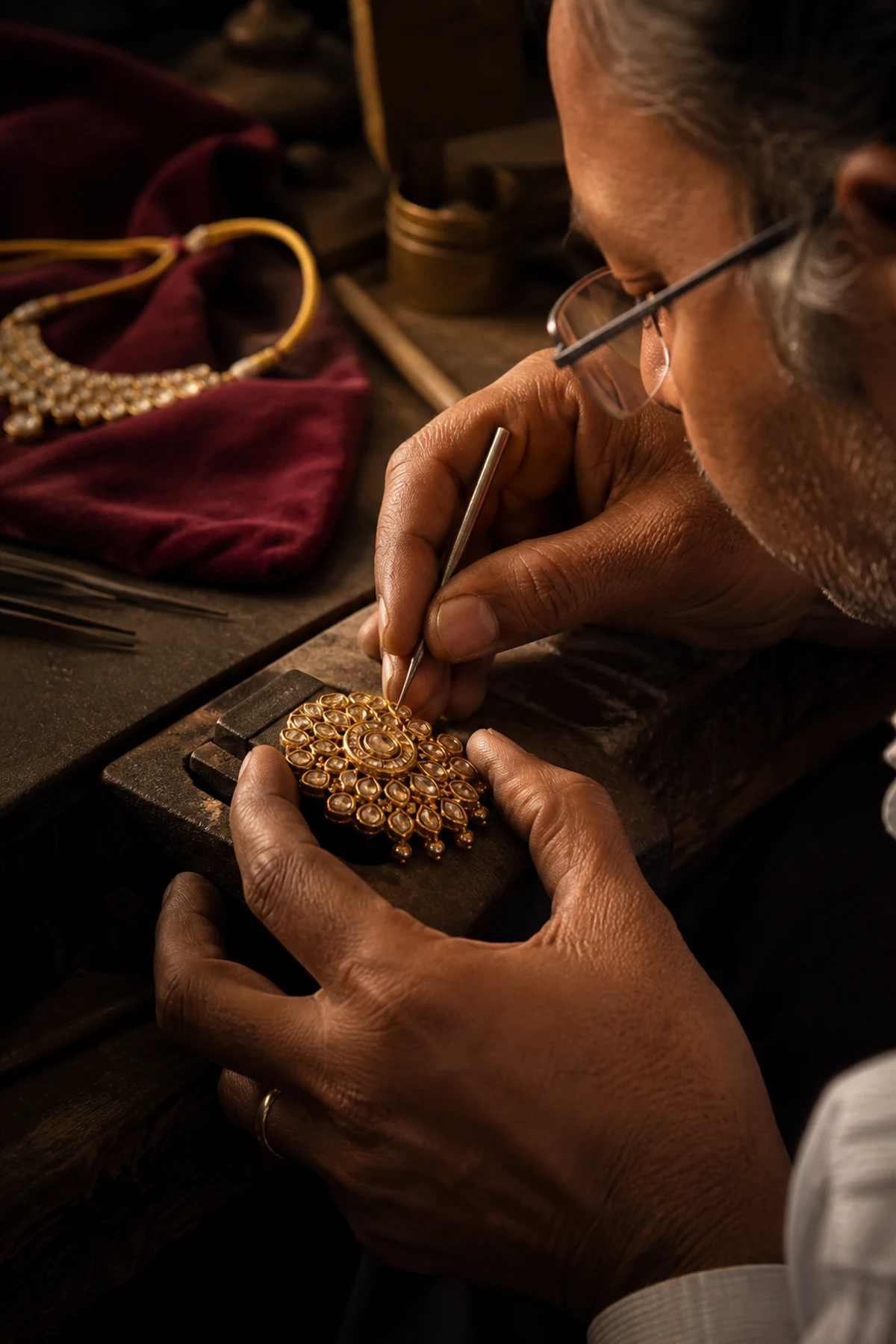 Master goldsmith setting a kundan stone by hand