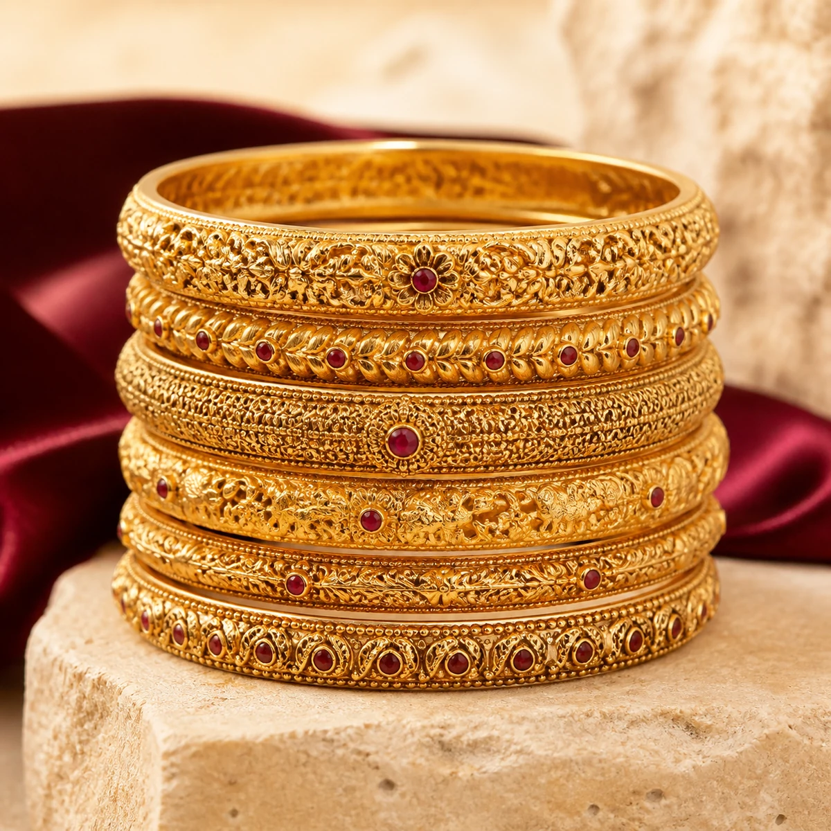 Stack of handcrafted gold bangles