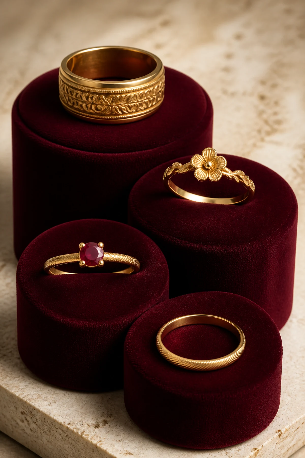 Curated gold rings on burgundy velvet