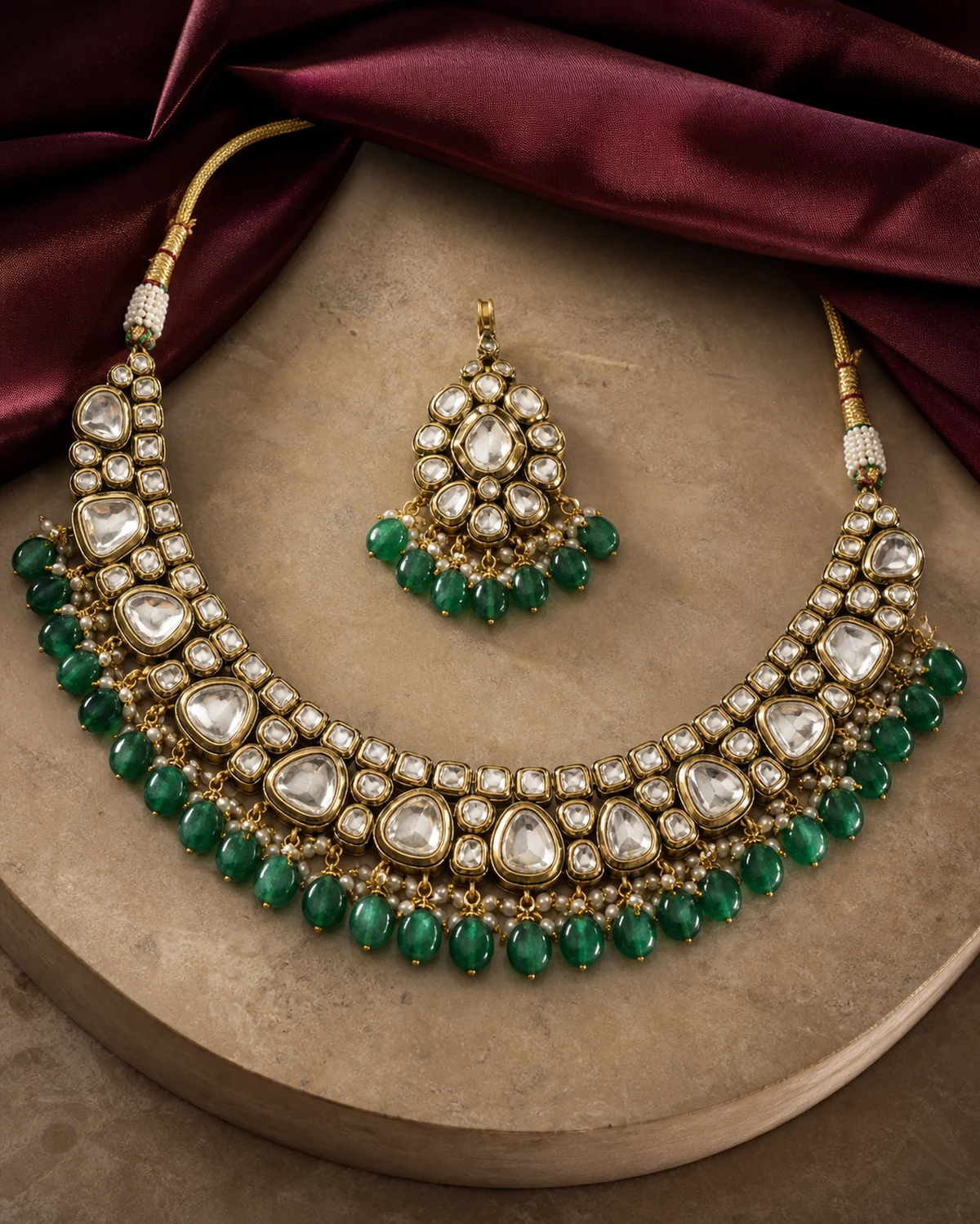 Polki kundan necklace with emerald beads