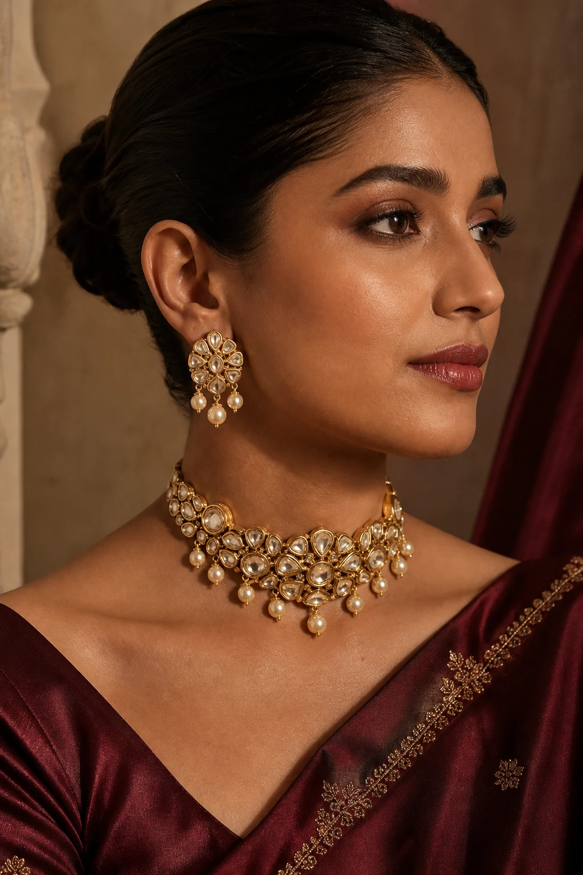 Woman wearing a refined polki and kundan choker