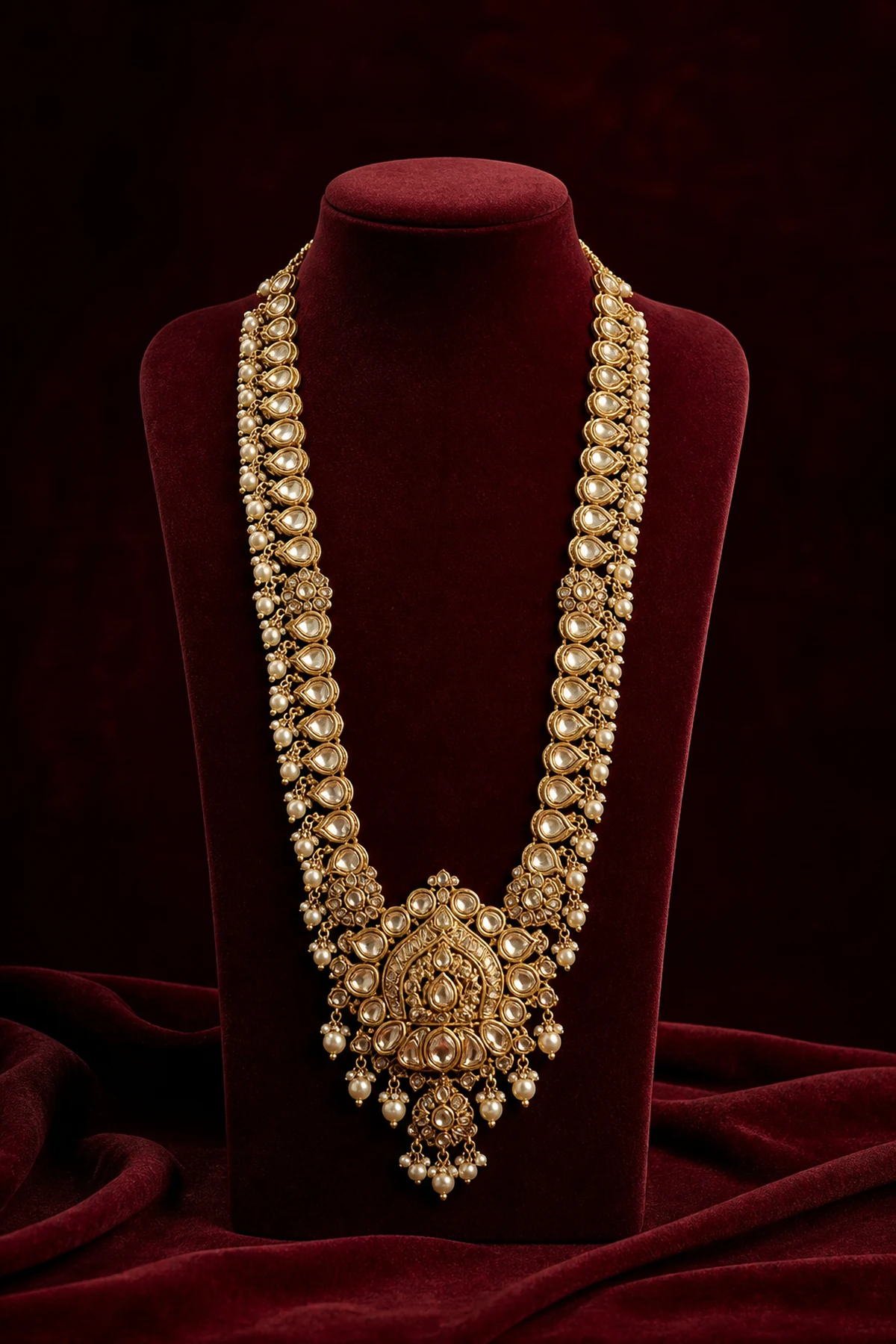 Traditional gold rani haar on burgundy velvet